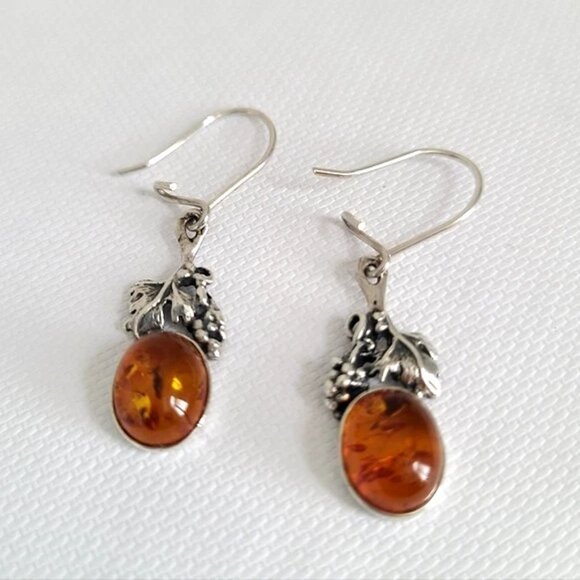 Vintage Sterling Silver Amber Cabochon Grapevine Leaf Boho Drop Dangle Earrings - Picture 3 of 5